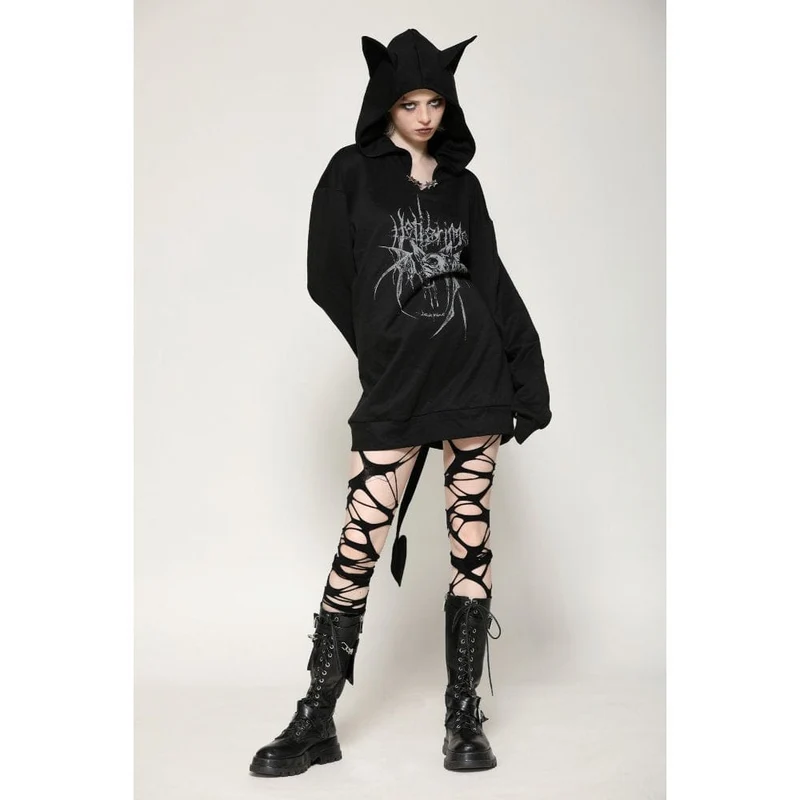 Damen Punk Star Nieten Fledermausohren Hoodie