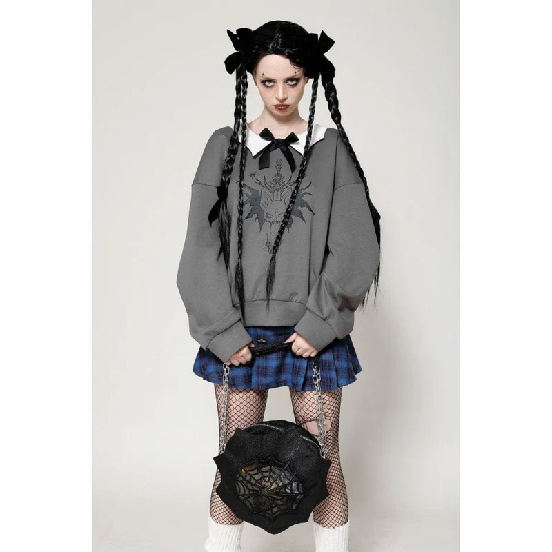 Damen Grunge Bowknot Bat Sweatshirt Grau