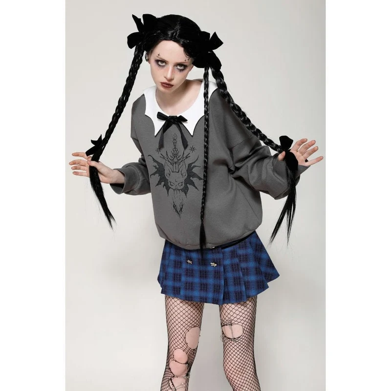 Damen Grunge Bowknot Bat Sweatshirt Grau