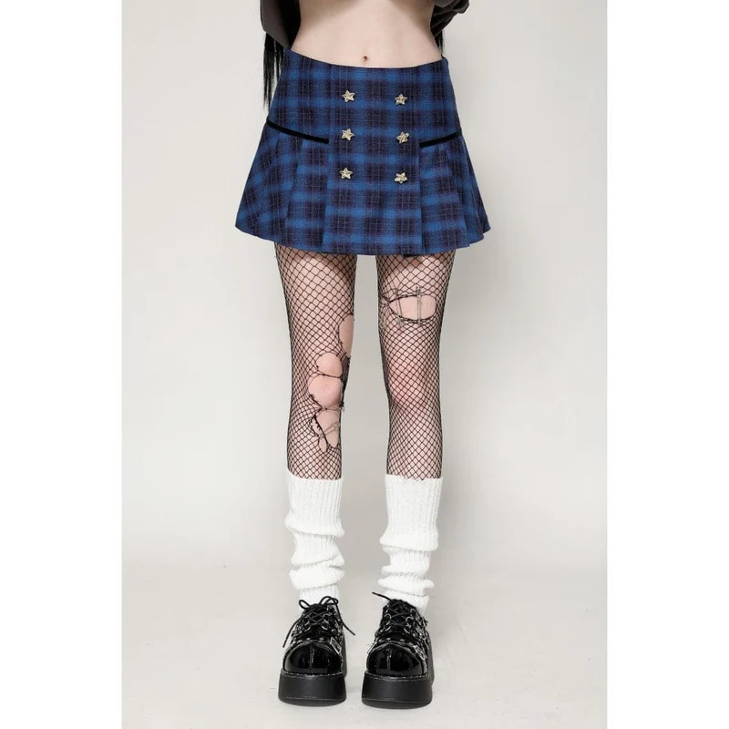 Damen Grunge Stars Plaid Kurzrock Blau