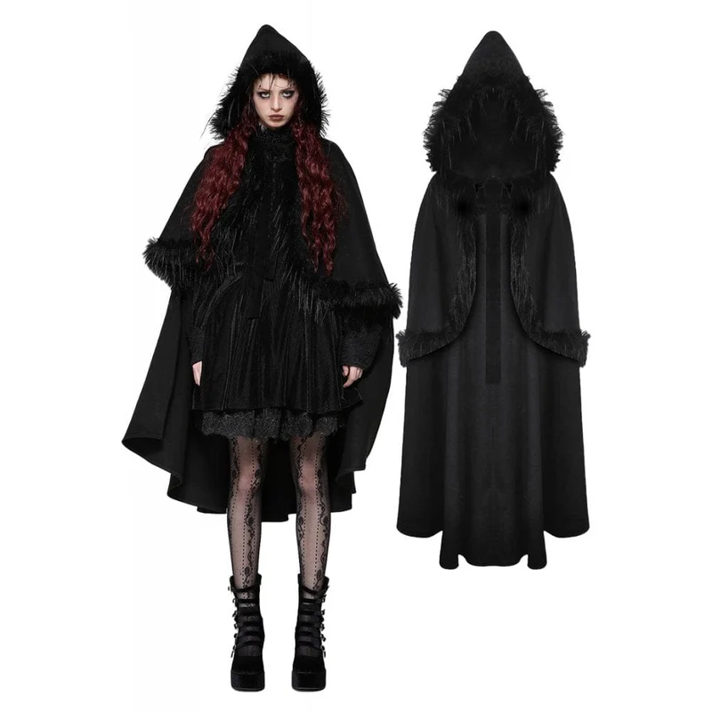 Gothic-Umhang aus Kunstpelz mit Kapuze für Damen