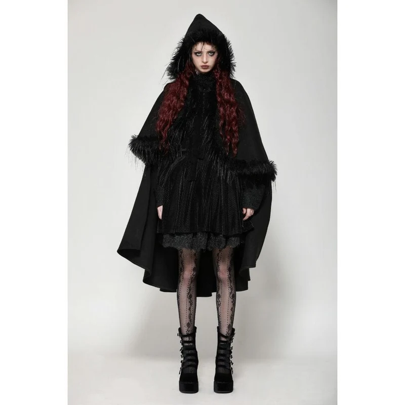 Gothic-Umhang aus Kunstpelz mit Kapuze für Damen