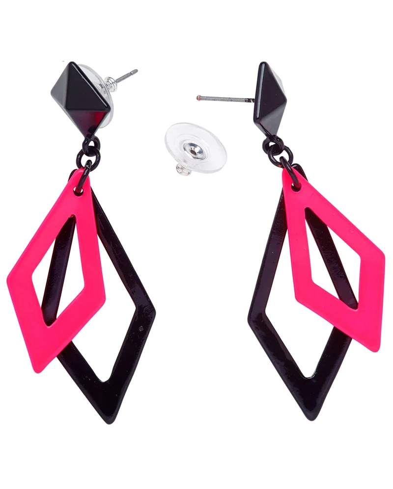 80er Jahre Rauten Ohrringe Schwarz-Neonpink