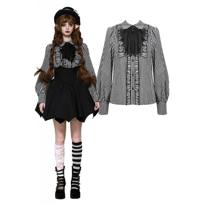 Gothic Lolita Gestreiftes Langarmhemd für Damen Grau