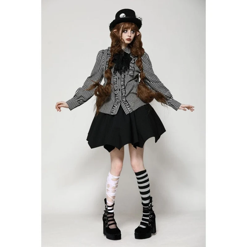 Gothic Lolita Gestreiftes Langarmhemd für Damen Grau