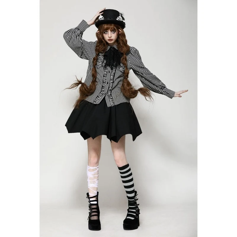 Gothic Lolita Gestreiftes Langarmhemd für Damen Grau