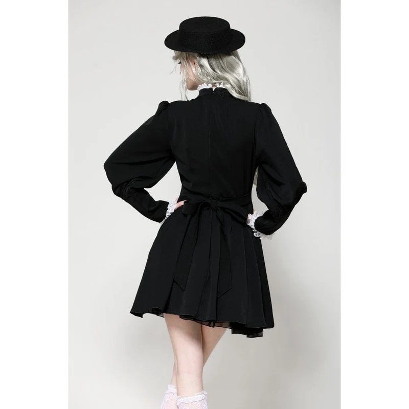 Damen Gothic Plissee Spitze Kurzes Kleid Schwarz Weiß