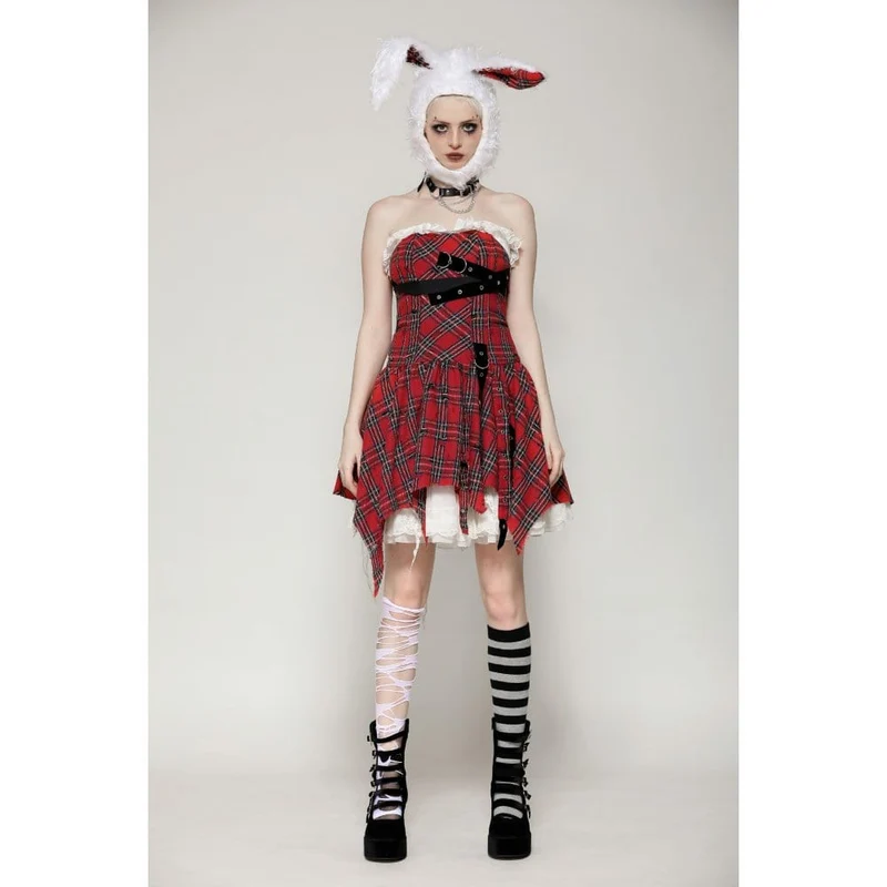 Grunge Kleid mit Schnalle und zerrissenem Karomuster für Damen in Rot