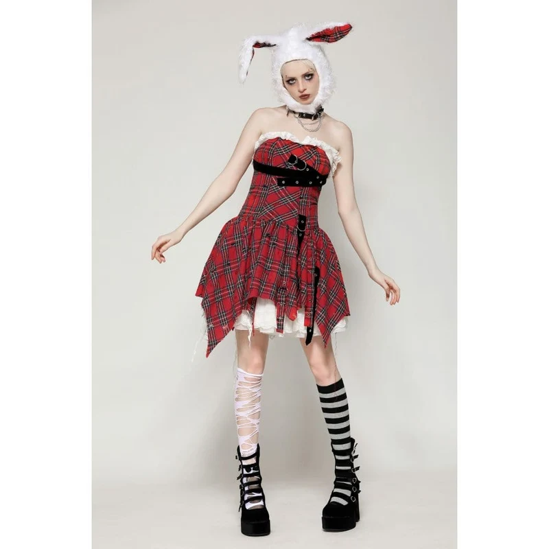 Grunge Kleid mit Schnalle und zerrissenem Karomuster für Damen in Rot