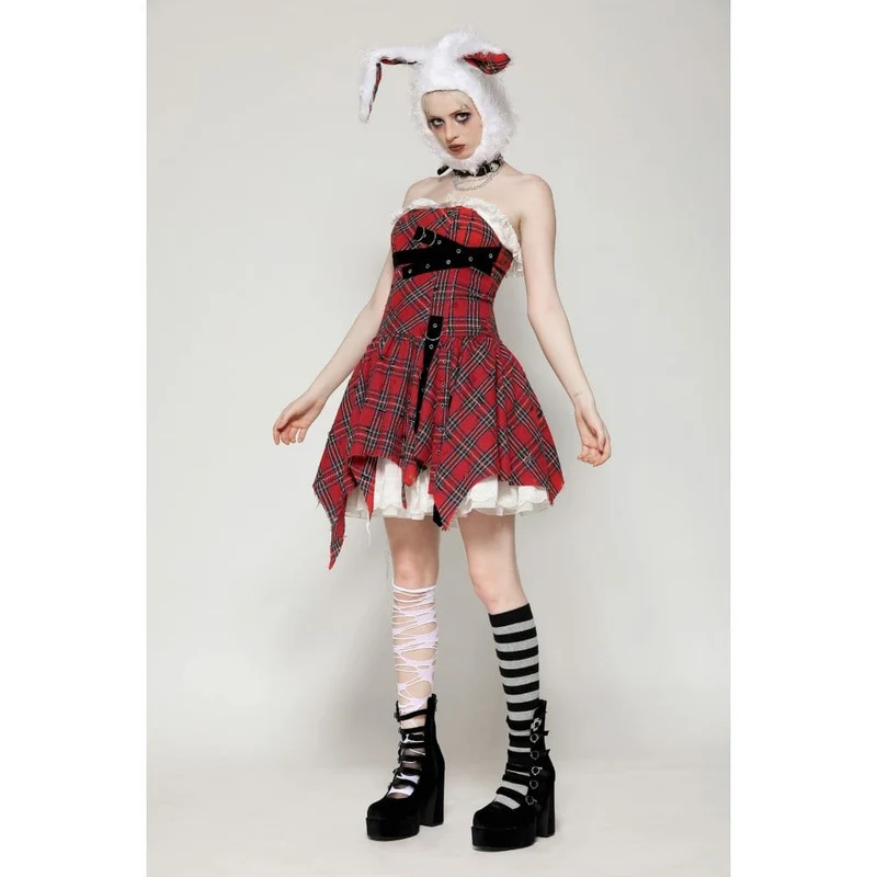 Grunge Kleid mit Schnalle und zerrissenem Karomuster für Damen in Rot