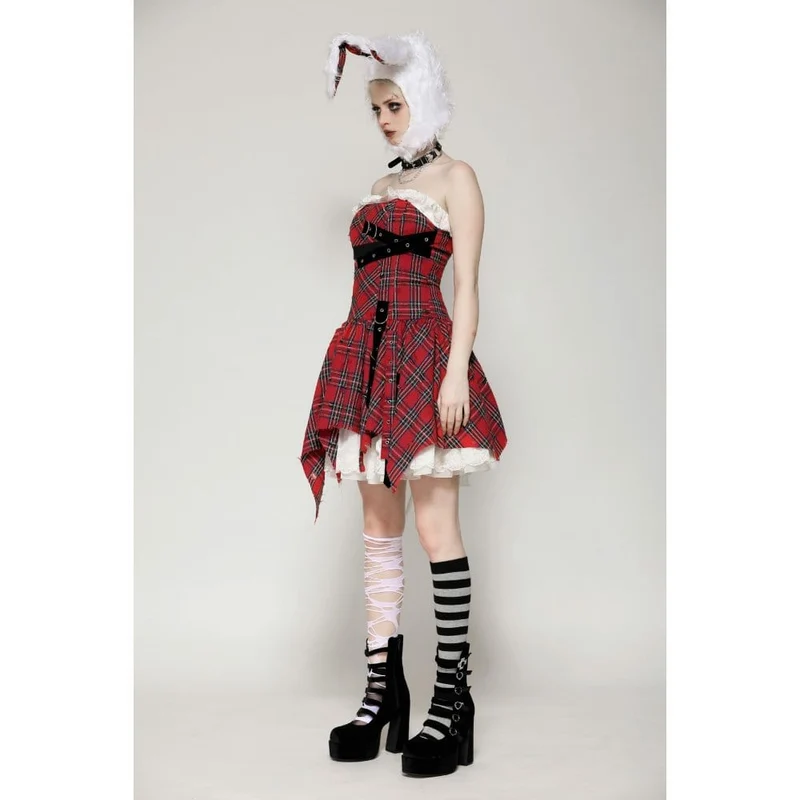 Grunge Kleid mit Schnalle und zerrissenem Karomuster für Damen in Rot