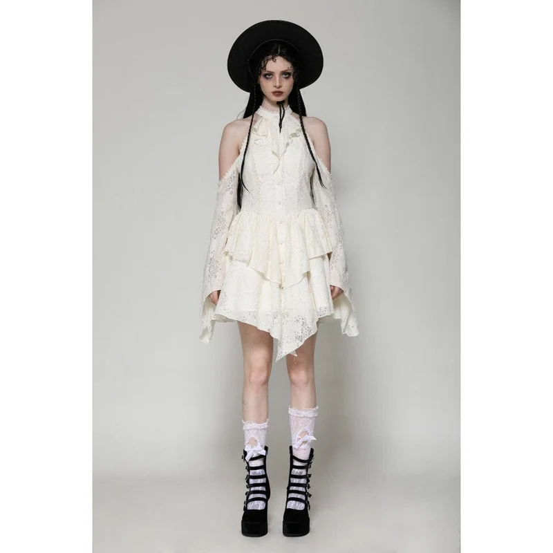 Steampunk-Kleid mit zerrissenen Schultern für Damen, Beige