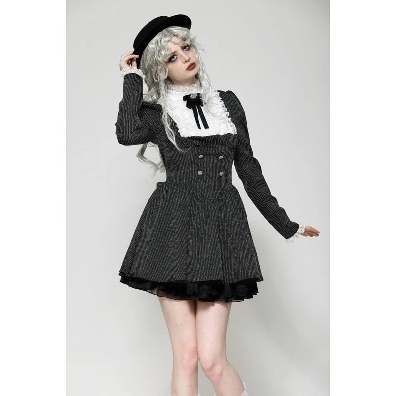 Gothic Lolita Rüschenkleid aus Spitze, kurzes Damenkleid, Abschlusskleid, Schwarz-Weiß