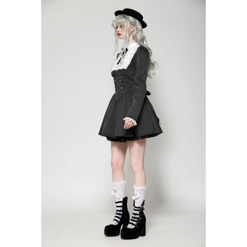 Gothic Lolita Rüschenkleid aus Spitze, kurzes Damenkleid, Abschlusskleid, Schwarz-Weiß