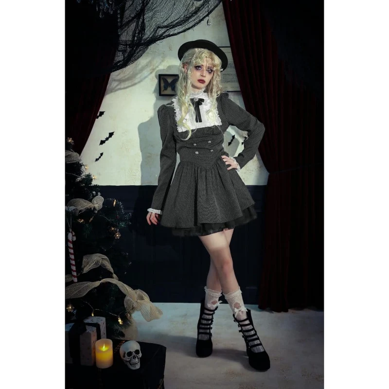 Gothic Lolita Rüschenkleid aus Spitze, kurzes Damenkleid, Abschlusskleid, Schwarz-Weiß
