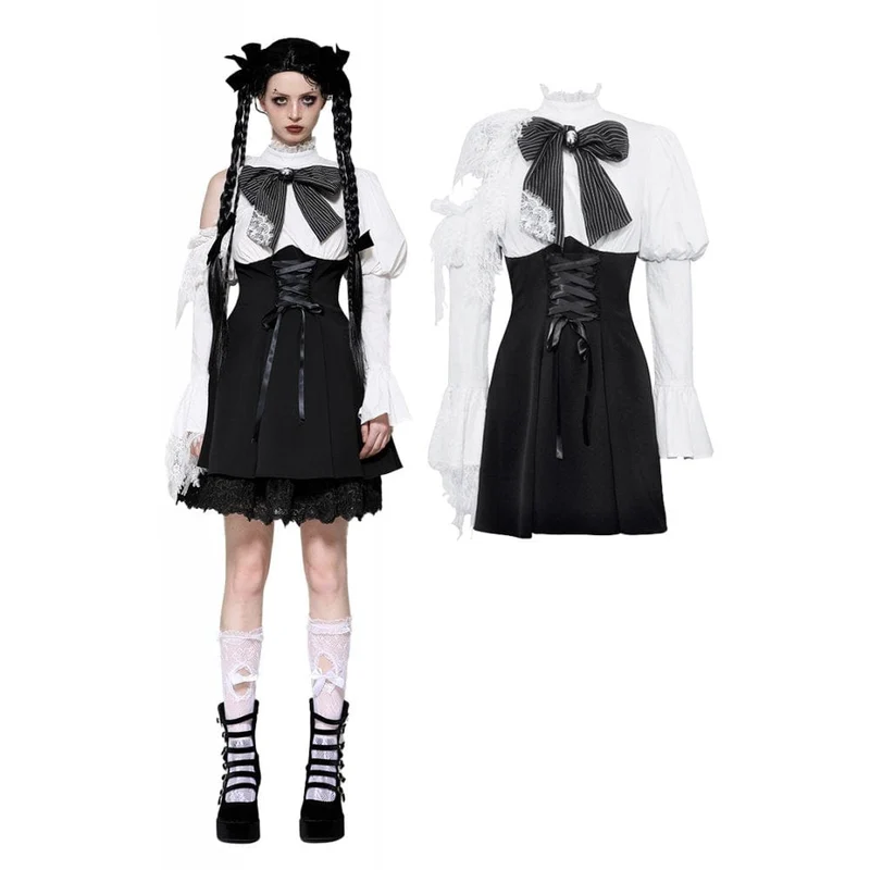 Gothic Lolita-Kleid mit Schleife, kurzes Kleid für Damen, Abschlusskleid, Schwarz-Weiß