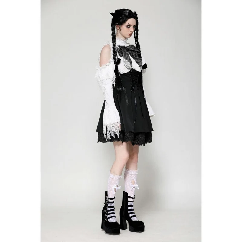 Gothic Lolita-Kleid mit Schleife, kurzes Kleid für Damen, Abschlusskleid, Schwarz-Weiß