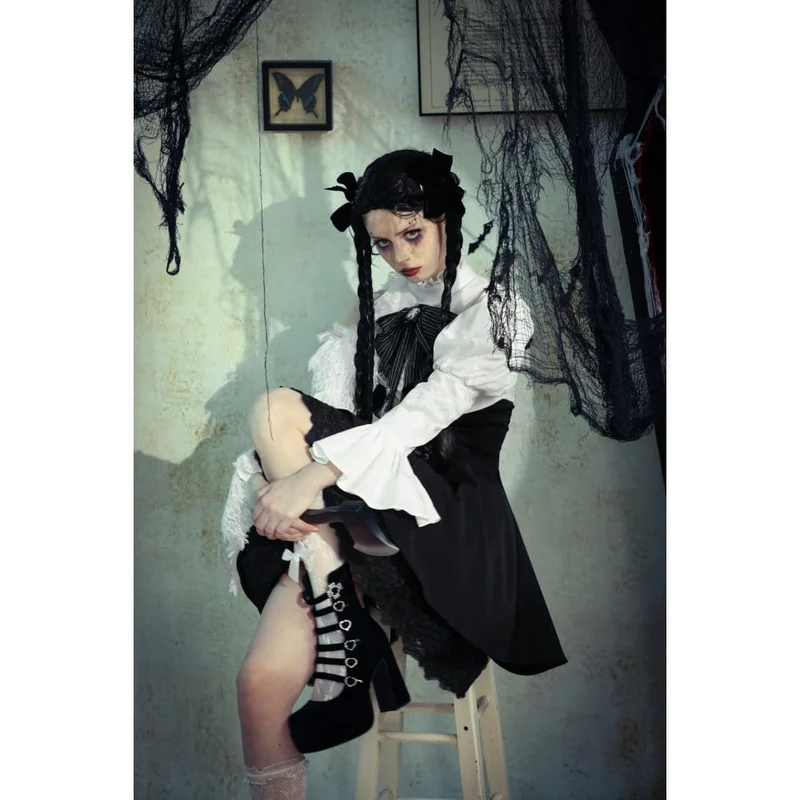 Gothic Lolita-Kleid mit Schleife, kurzes Kleid für Damen, Abschlusskleid, Schwarz-Weiß
