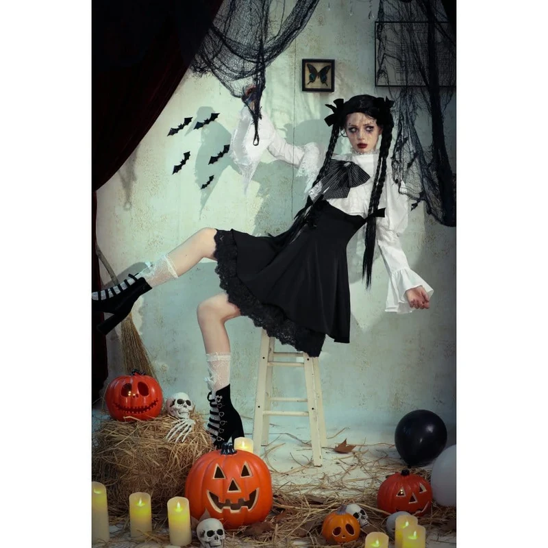 Gothic Lolita-Kleid mit Schleife, kurzes Kleid für Damen, Abschlusskleid, Schwarz-Weiß