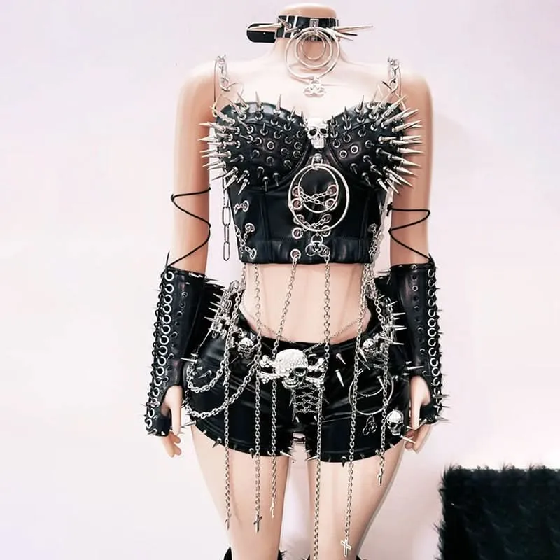 Rhinestone skull applique chain gloves cami top