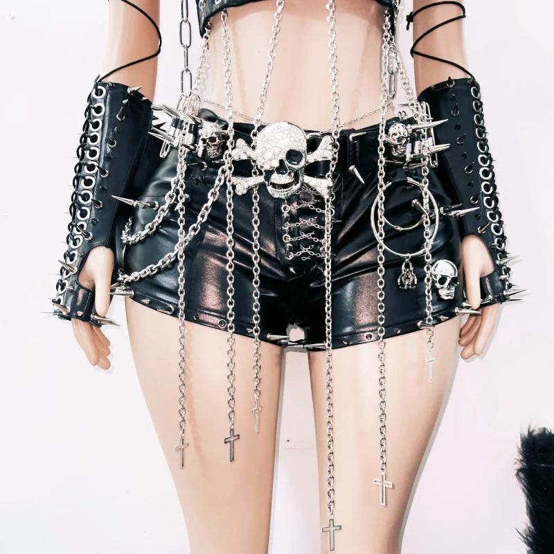 Rhinestone skull applique chain gloves cami top