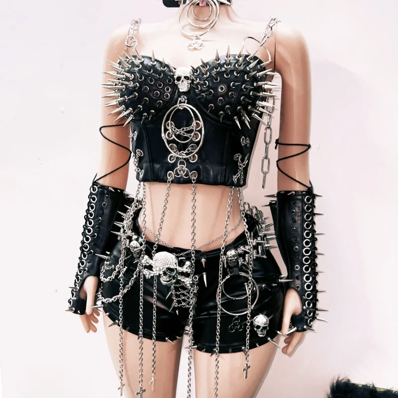 Rhinestone skull applique chain gloves cami top