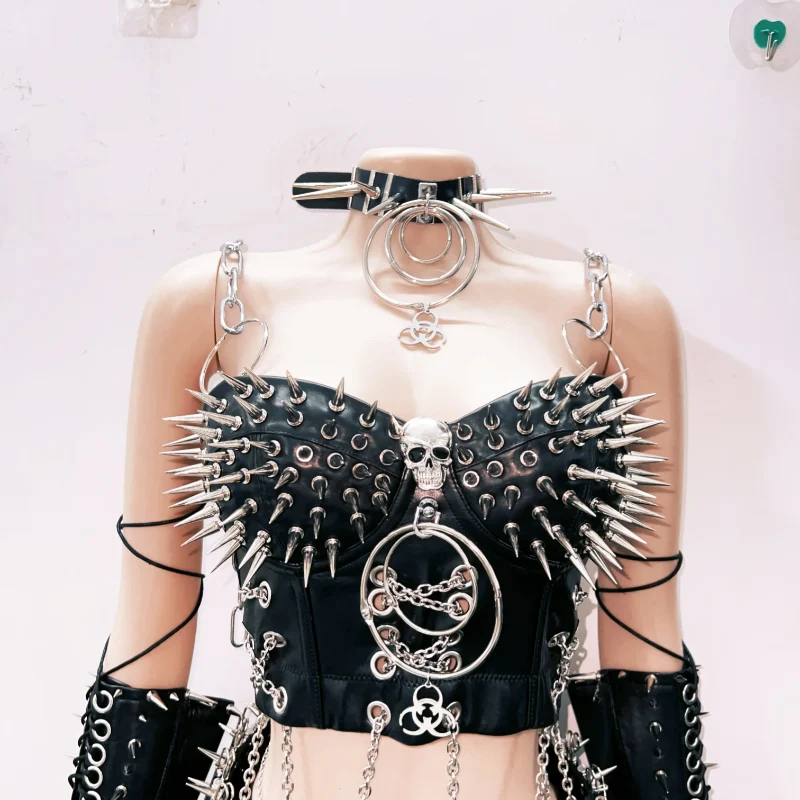 Rhinestone skull applique chain gloves cami top