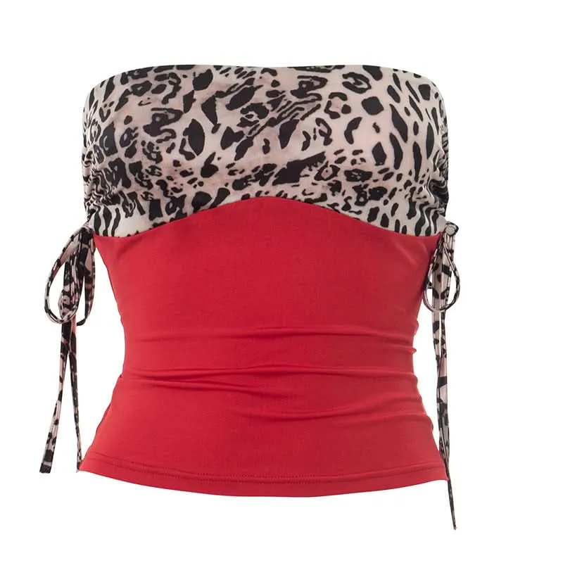 Drawstring ruched leopard print tube top