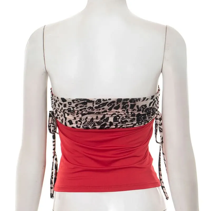 Drawstring ruched leopard print tube top