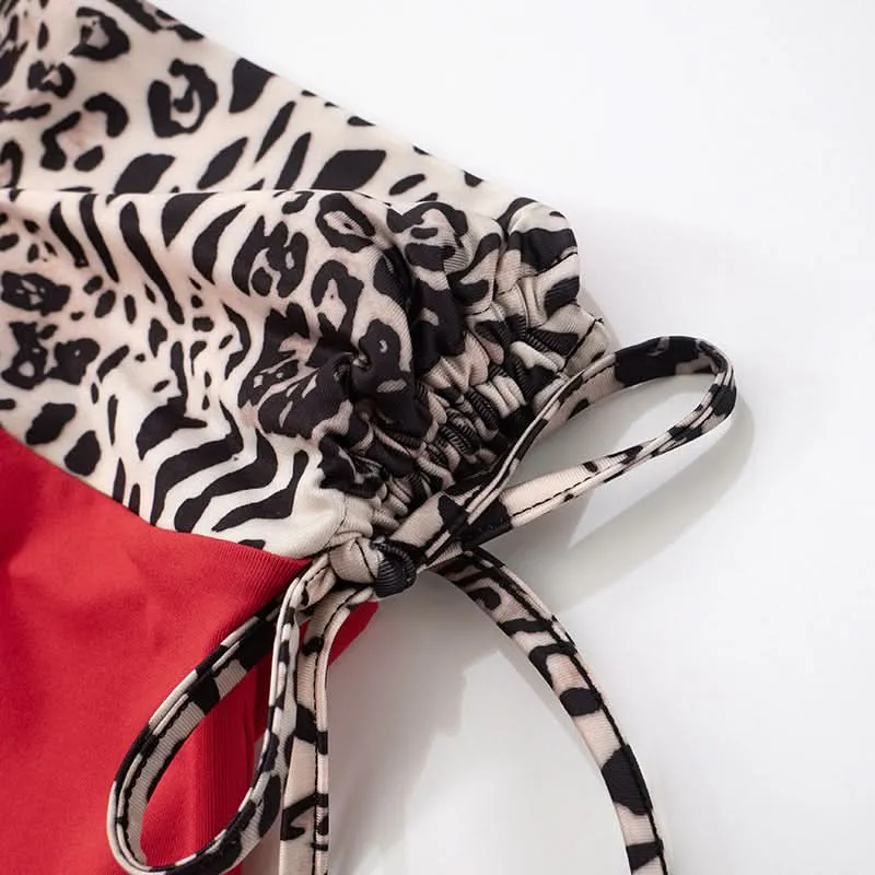 Drawstring ruched leopard print tube top