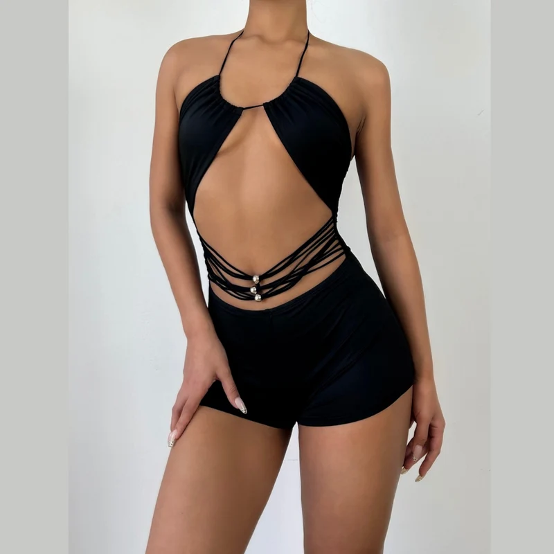 Mesh cut out halter self tie romper
