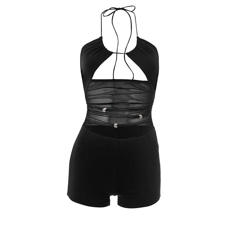 Mesh cut out halter self tie romper