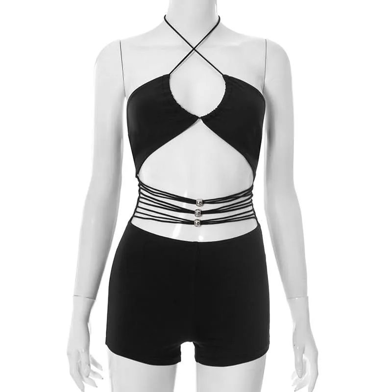 Mesh cut out halter self tie romper