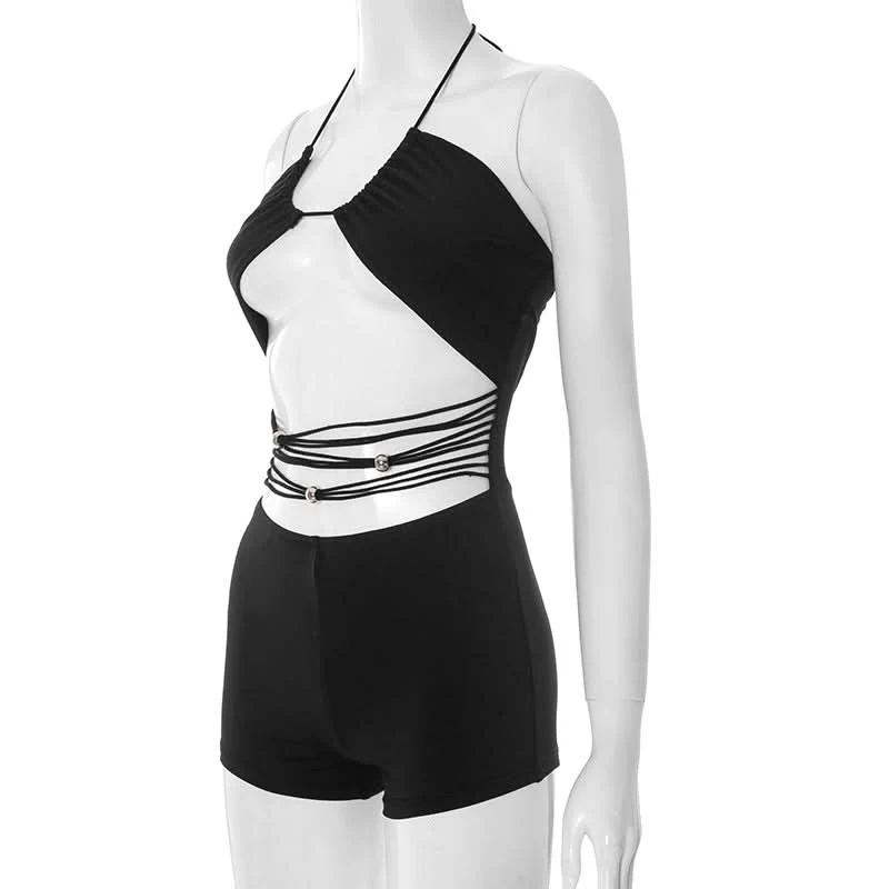Mesh cut out halter self tie romper