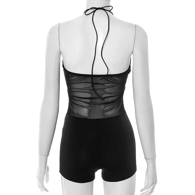 Mesh cut out halter self tie romper