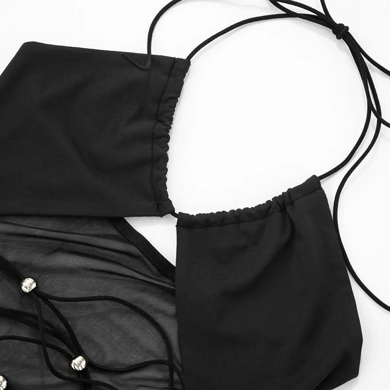 Mesh cut out halter self tie romper