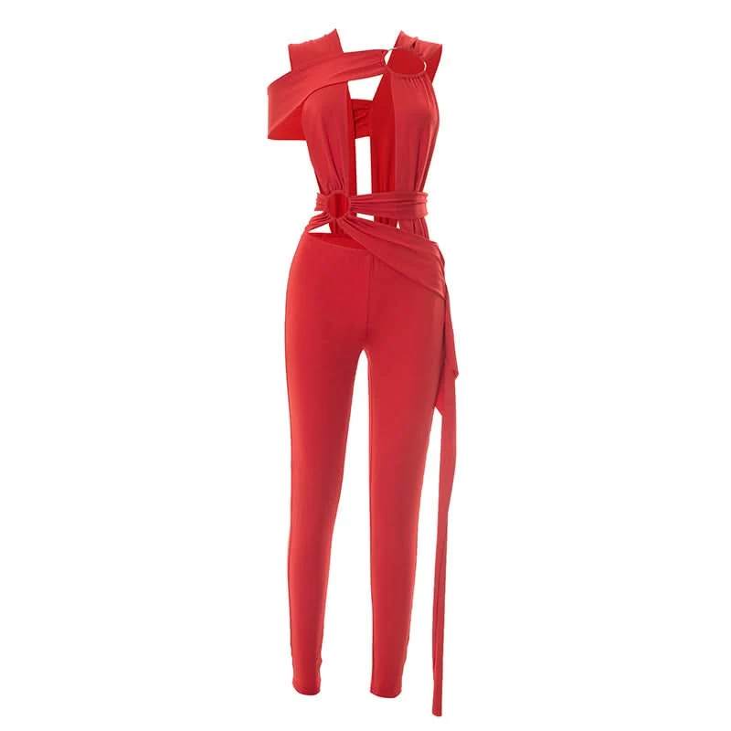 Cut out o ring ruched jumpsuit