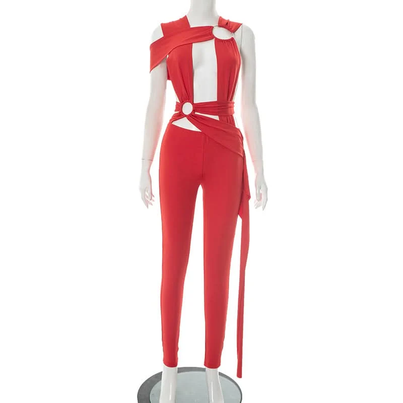 Cut out o ring ruched jumpsuit