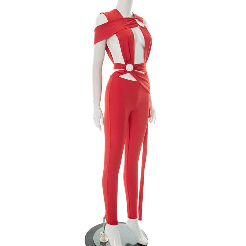 Cut out o ring ruched jumpsuit