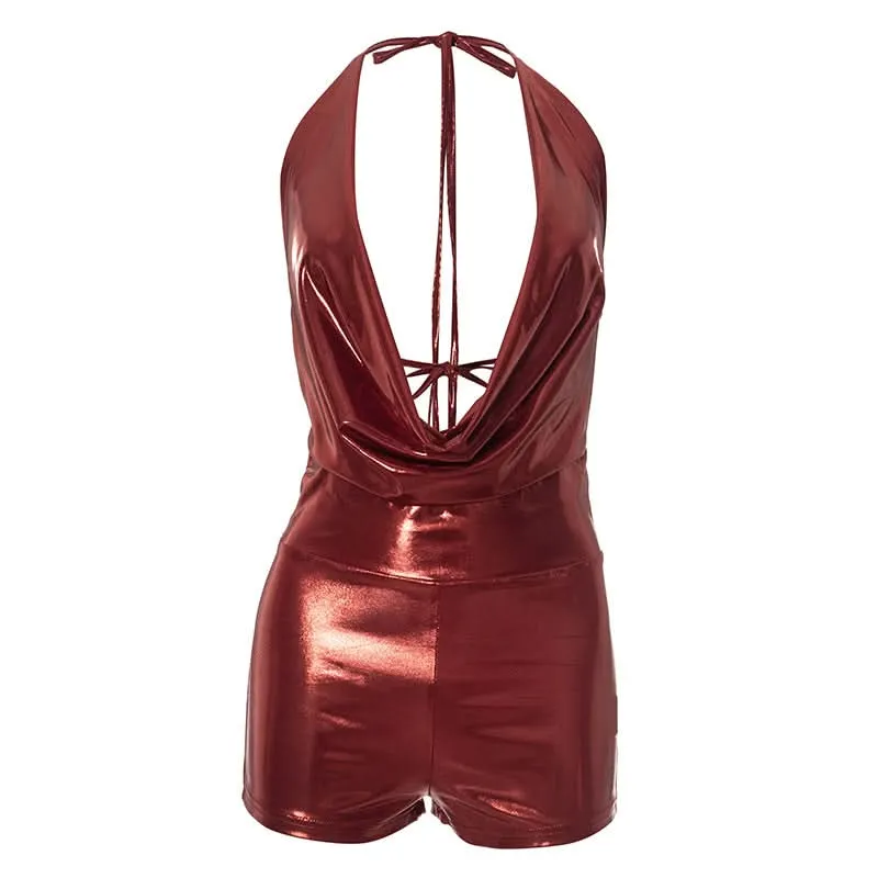 Metallic halter self tie cowl neck romper