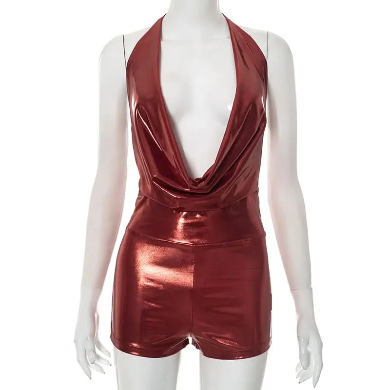Metallic halter self tie cowl neck romper