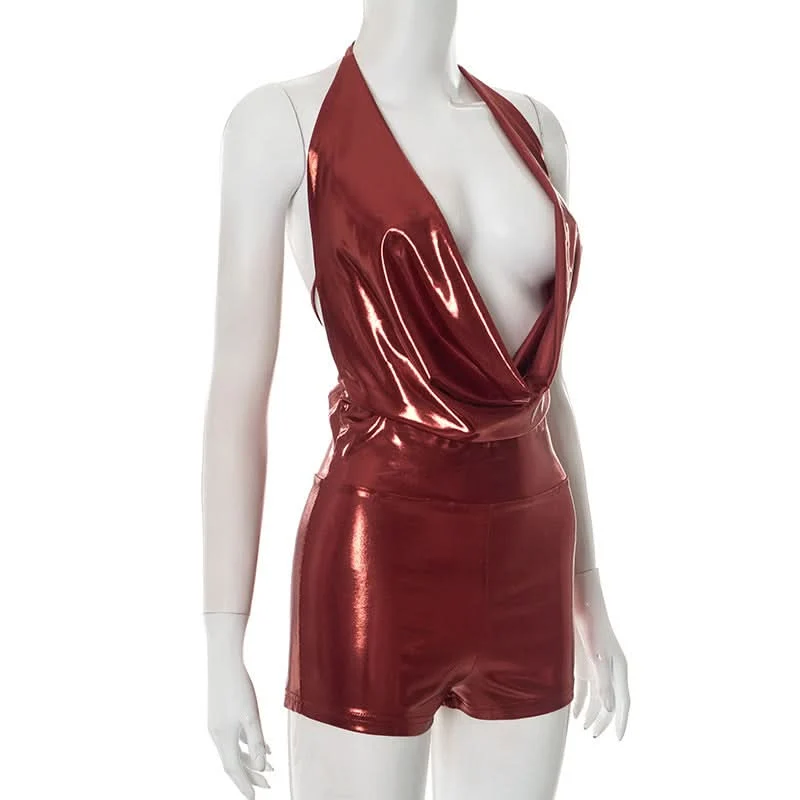 Metallic halter self tie cowl neck romper
