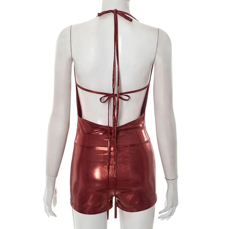 Metallic halter self tie cowl neck romper