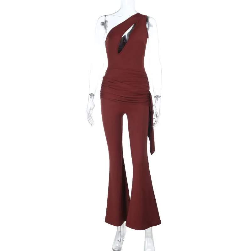 Hollow out ruched one shoulder irregular jumpsuit