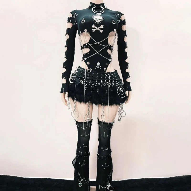 Long sleeve hollow out metal chain skull applique cut out top