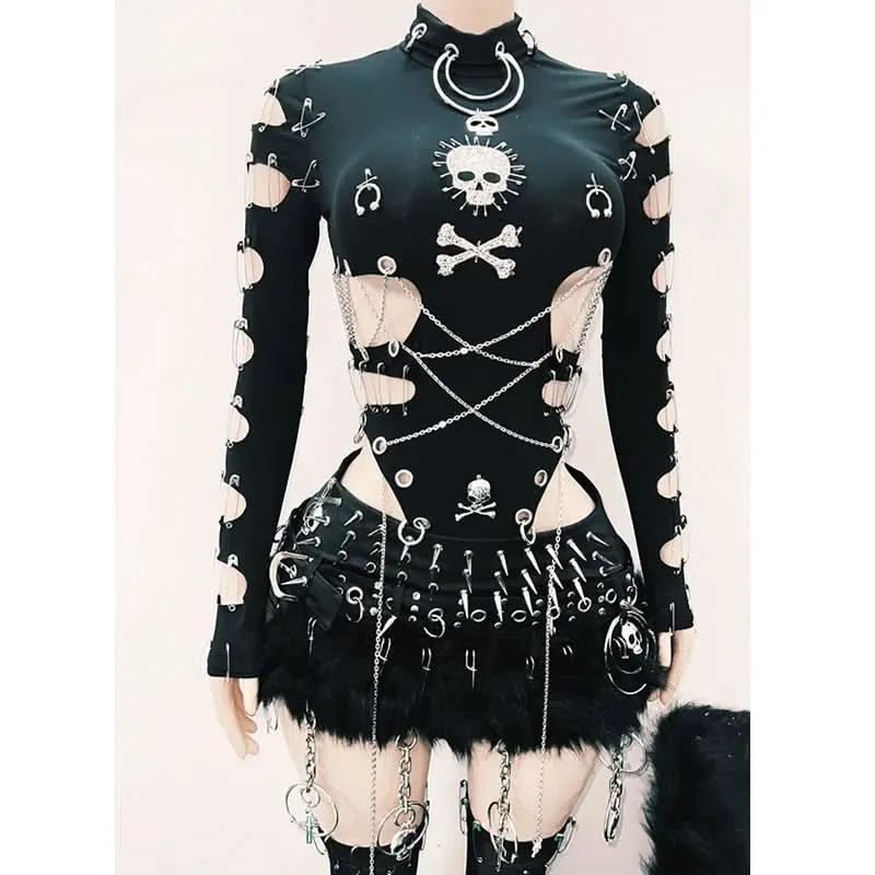 Long sleeve hollow out metal chain skull applique cut out top