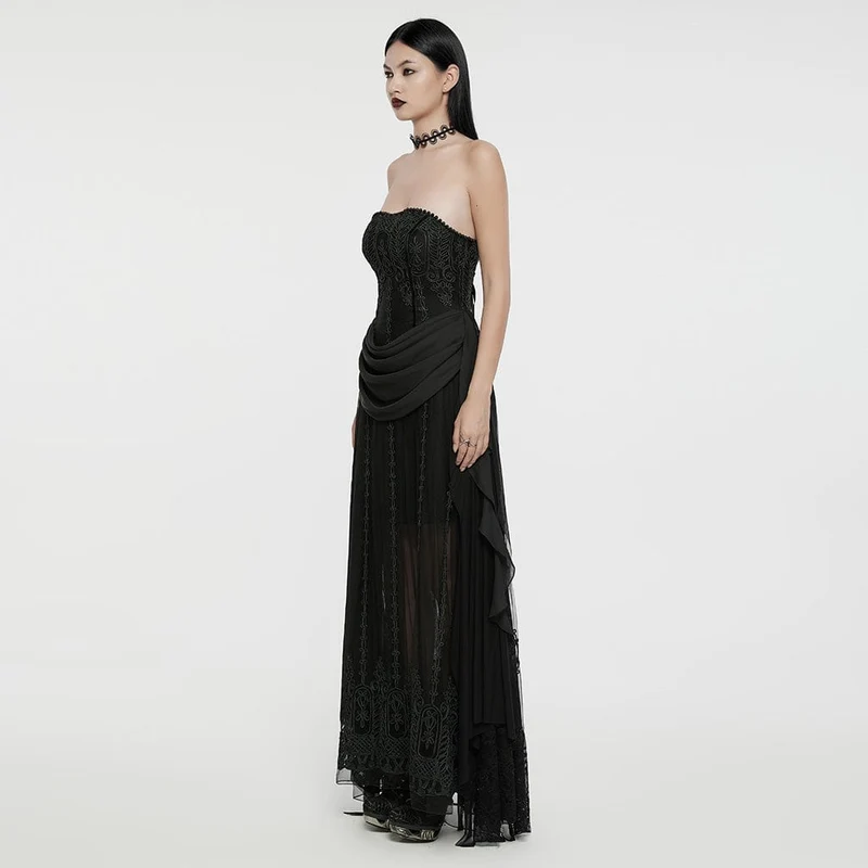 Gothic-Brautkleid für Damen mit Perlenbesatz, Raffungen und Chiffon-Einsätzen