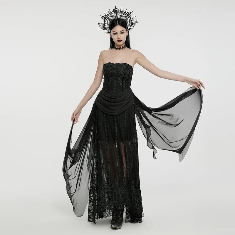 Gothic-Brautkleid für Damen mit Perlenbesatz, Raffungen und Chiffon-Einsätzen