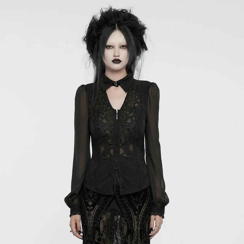 Gothic Chiffon-Hemd mit tiefen Puffärmeln für Damen