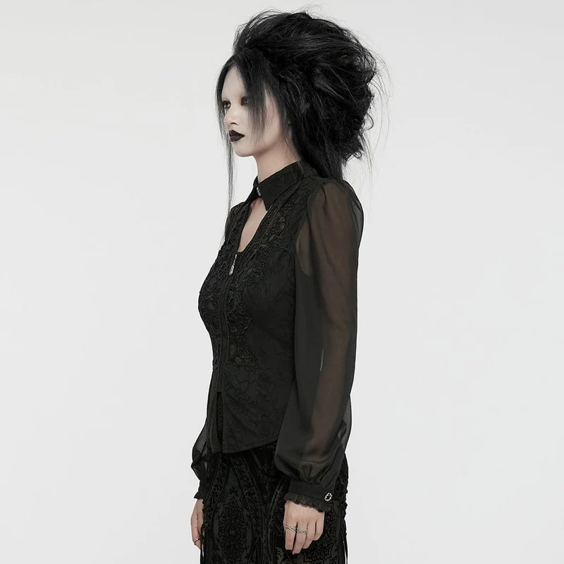 Gothic Chiffon-Hemd mit tiefen Puffärmeln für Damen